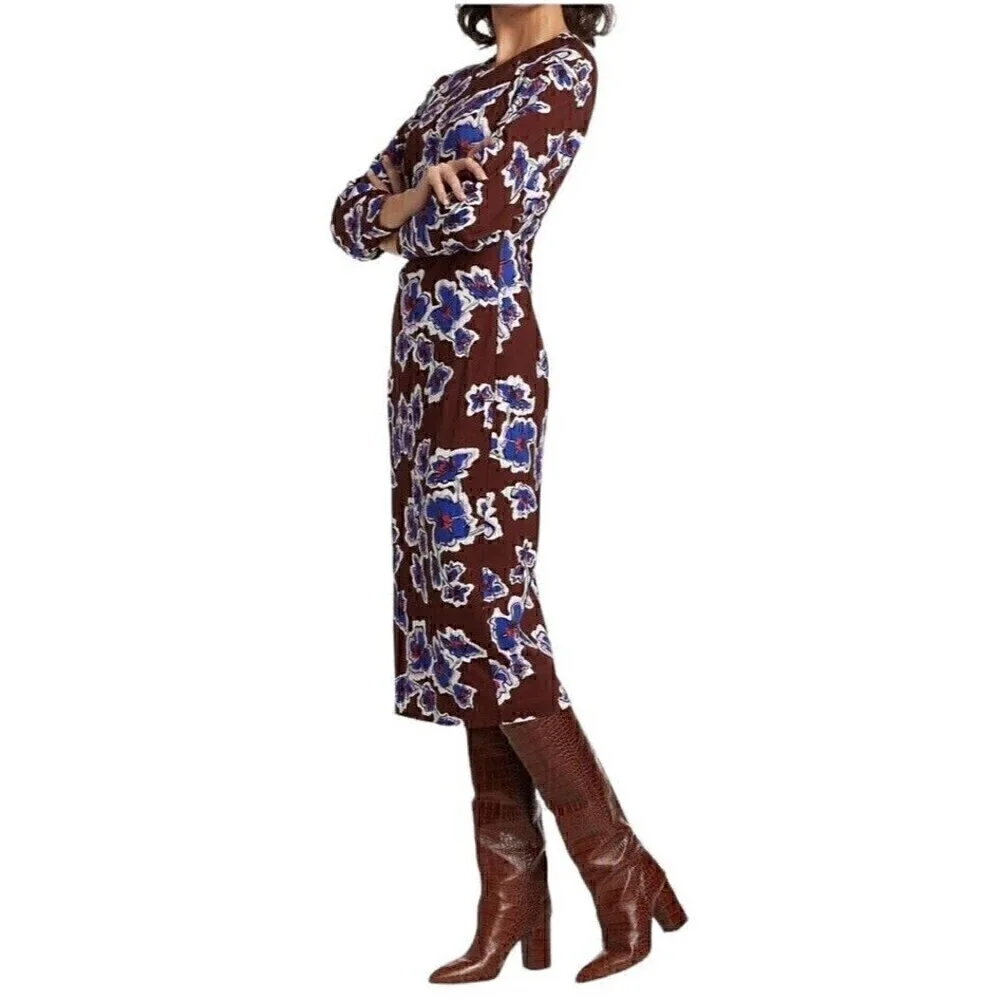 Tanya Taylor Brown Amara Floral Brown & Blue Midi Dress, 3/4 sleeves, Sz  Med